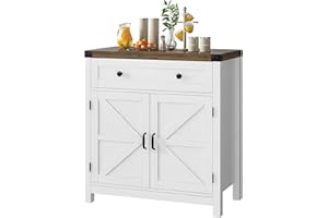 HOSTACK Coffee Bar Cabinet, Kitchen Storage Cabinet, Modern Farmhouse Buffet Sideboard with Drawer and Adjustable Shelf, Barn Door Accent Cabinets for Kitchen, Dining Room, Entryway, White