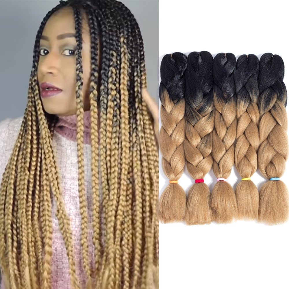 24Inch Ombre Kanekalon Synthetic Jumbo Braid 5Pcs/Lot Twist Hair Extensions Jumbo Braiding Crochet Hair Box Braids (2 Tone Ombre Black to Ash Blonde)