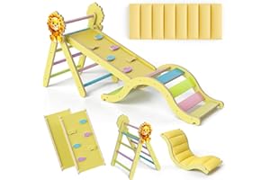 KidsBuddy Pikler Triangle Set with Cushion 9 in 1, Climbing Toys for Toddlers 1-3, Montessori Indoor Baby Playground for Safe Motor Skills Development (Yellow-Lion-Set)