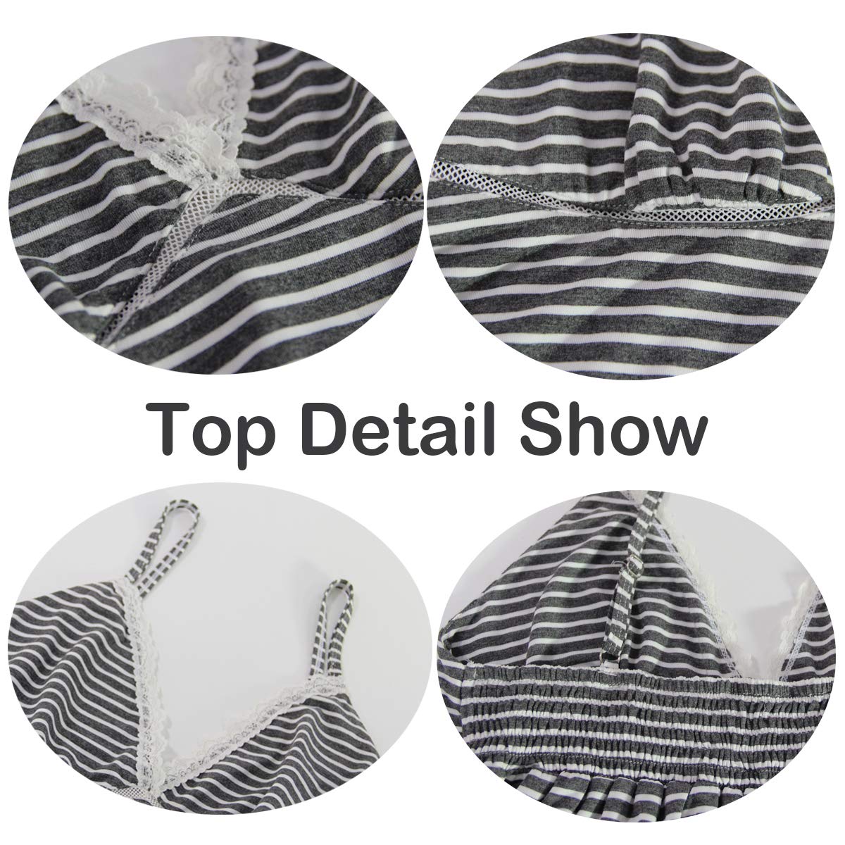 Espoir Women\'s Pajama Set Deep V Neck Lace Trim Cami Tops and Shorts Sleepwear Grey and White Stripe M