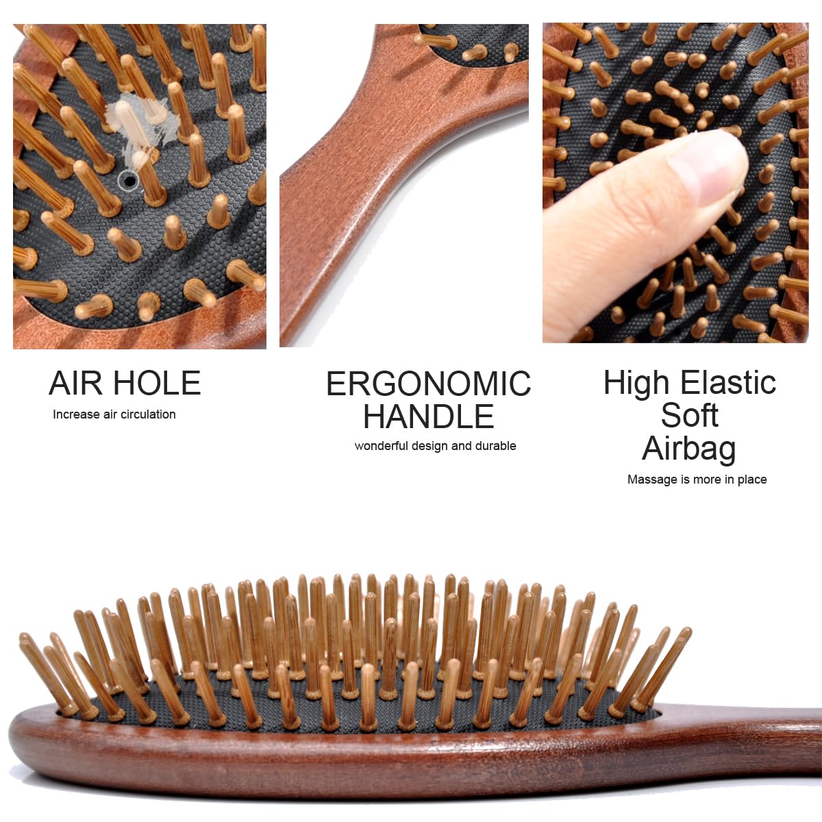 Handmade Wooden Cushion Hair Brush for Women Men Hairbrush with Bamboo Pins Massage Scalp & Detangling for Curly Thick Long Fine Dry Wet Hair (Oval Shape)
