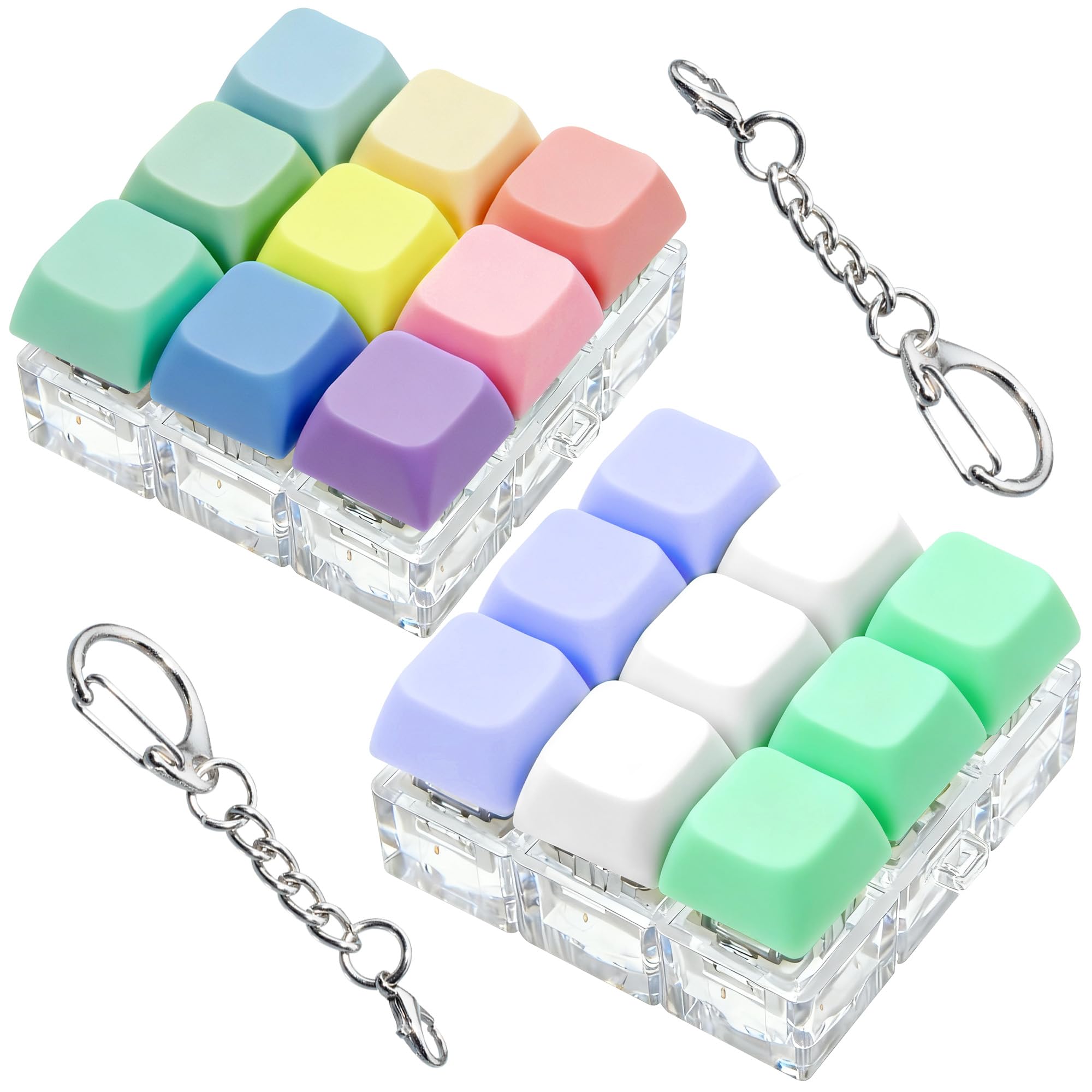 2 Pack 9 in 1 Keyboard Fidget Toy, Keyboard Fidget Keychain Anti-Stress Keyboard Decompression Button Finger Clicker Toys Stress Relief Fidget Valentines Gifts Stuffers for Kids Women(Macaron,White)