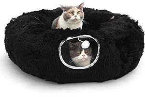 WALNEST Cat Tunnel with Bed – Soft Plush Peekaboo Donut Cave for Indoor Cats | Under Christmas Tree Hideaway & Multifunctional Playground Toy for Kittens, Rabbits, Ferrets (Long-Pile Fabric Black)