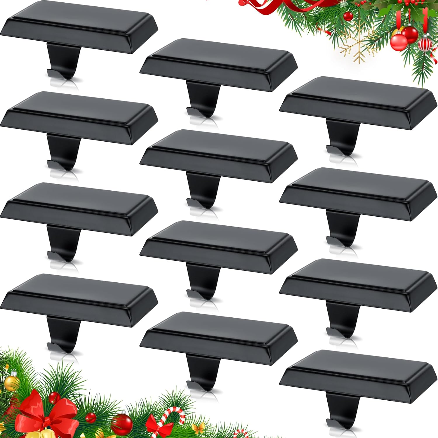 Ornament Hooks - Yexiya 12 Pcs Christmas Stocking Holders for Mantle Weighted Fireplace Stand Hanger Holder Xmas Stocking Metal Hanging Hooks DIY Blank Stocking Holders Bases for Holiday Mantel Counter Window (Black)