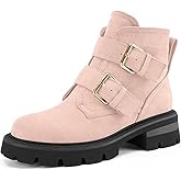 Perisis Women's Lug Sole Chunky Heel Short Combat Boots Ankle Suede Booties Heeled Platform Black Comfort Shoes with Side Zipper Buckle