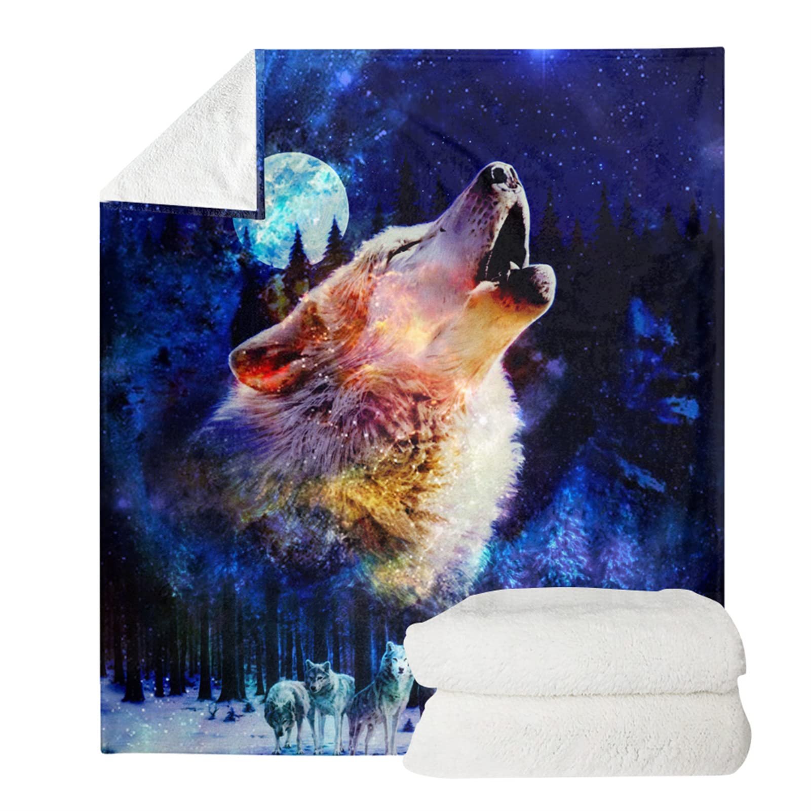 Jndtueit Wolf Blanket for Adult and Children Cool Animal Galaxy Wolf Printed Bed Throw Blanket Soft Warm and Cozy for Sofa and Living Room,Blue Moon Howling Wolves 3XL