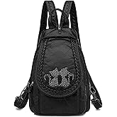 HUAZHIMAO Small Backpack for Women PU Leather Women's Mini Backpacks Purse Waterproof Stylish Daypack Fashion Black Rucksack Handbags Bags with Cute Kitten Pattern