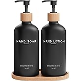 Black Glass Soap and Lotion Dispenser Set with Tray by Brighter Barns - Liquid Hand Soap Dispenser and Pump - Bamboo Bathroom Accessories & Modern Bathroom Decor (Black)