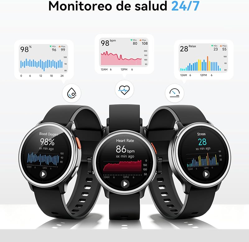 Reloj Inteligente Mujer Hombre,1.27" Smartwatch Mujer Redondo para iPhone/Samsung/Android,2 Correas y 120+ Modos Deportivos,Monitor de Sueño Funciones de Salud y Fitness 3ATM Impermeable,Negro