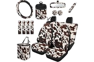 Dreaweet Brown Cow Print Car Seat Covers Full Set for Women Cute Car Accessories Seat Cover with Wheel Cover Seatbelt Covers Car Coasters Trash Bag Vent Storage Bag Rearview Mirror Cover Keychain