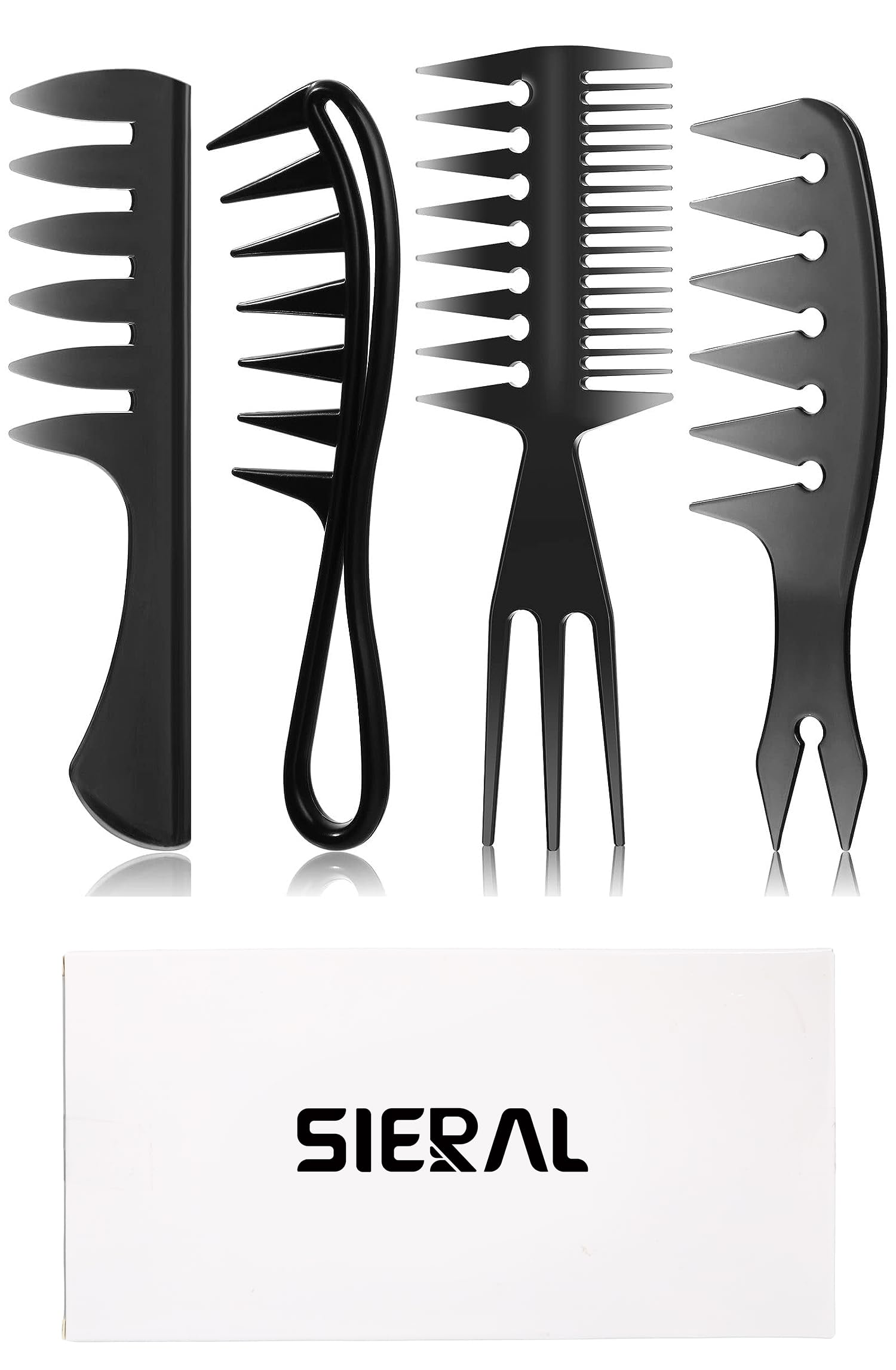 Sieral 4 Pcs Hair Styling Combs Set Wide Tooth Texture Combs with Double Side Tail Barber Tool for Men Women Beard Hairstylist Tools African American Accessories, Black, 4 Styles