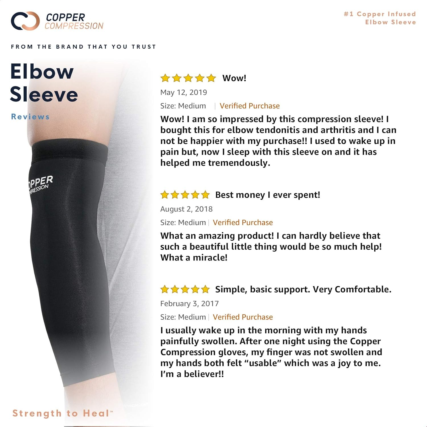 Copper Compression Recovery Elbow Sleeve - Guaranteed Highest Copper Content Elbow Brace for Tendonitis, Golfers or Tennis Elbow, Arthritis. Elbow Support Arm Sleeves Fit for Men and Women (Large): Health & Personal Care