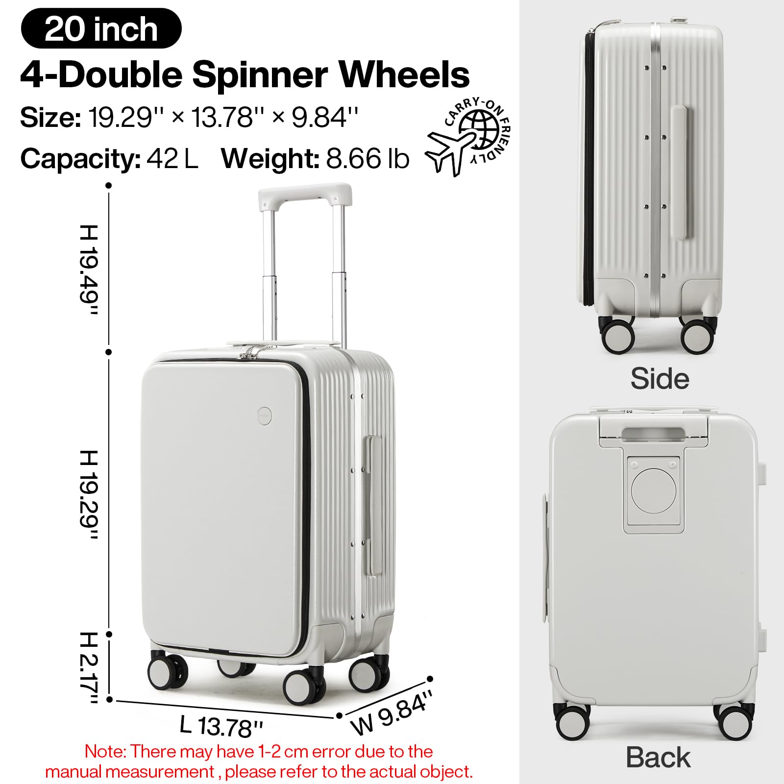 mixi Carry On Luggage with Cup Phone Holder and Charger Hard Shell Suitcases with Spinner Wheels, 20 Inch Smoke White