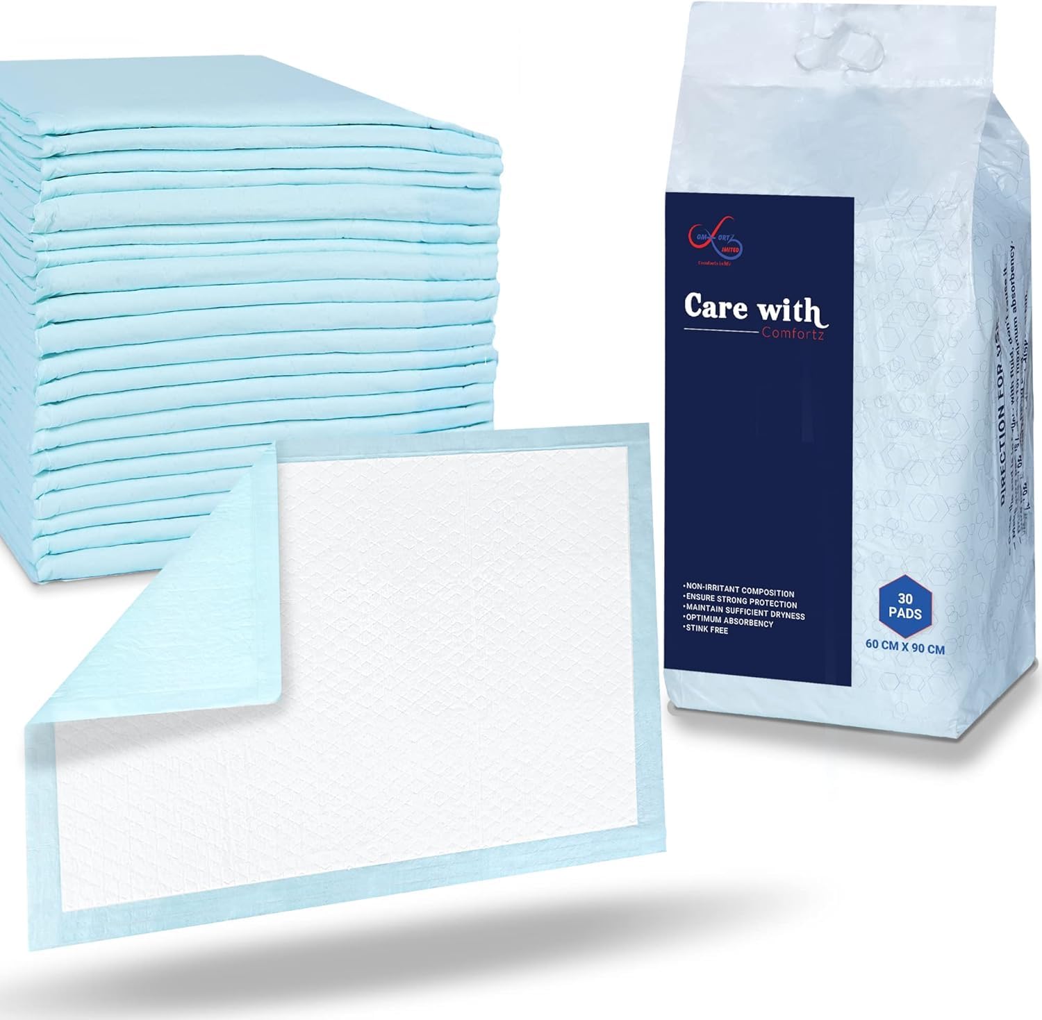 Waterproof Comfortz Incontinence Bed Pads 90 x 60cm, 30 Sheets, Disposable - 1100ml Highly Absorbent Soft Wetting Sheets, Odorless & Leak Proof Bed Pads – Suitable for Mattress, Sofa or Chair