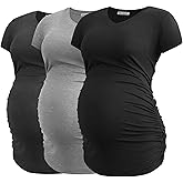 Smallshow Women's V Neck Maternity Clothes Tops Side Ruched Pregnancy T Shirt