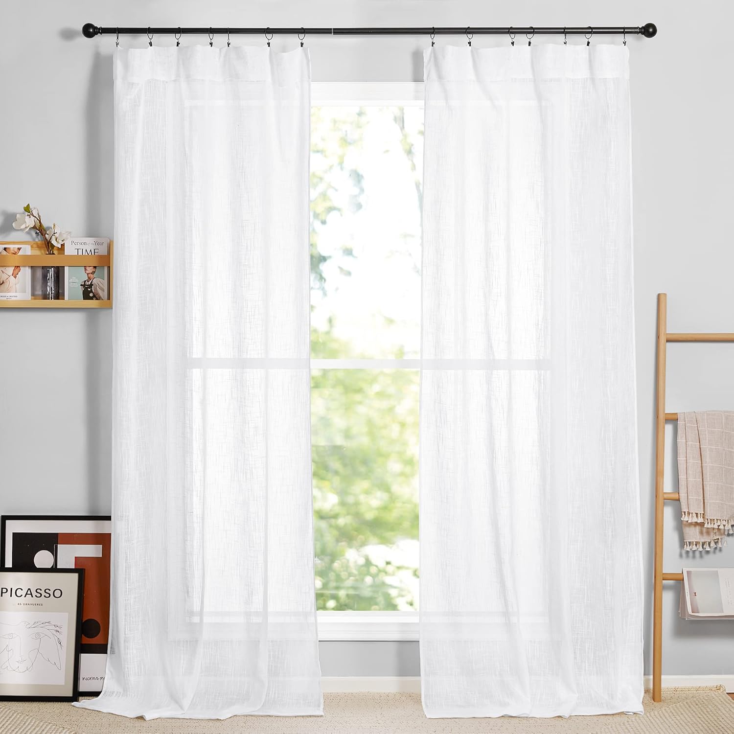 RYB HOME Linen Curtains Semi Sheer Drapes Light and Airy Privacy Solid Curtains for Living Room Bedroom Patio Sliding Door Window Treatment Panels, White, W 52 x L 95 inch, Set of 2: Kitchen & Dining