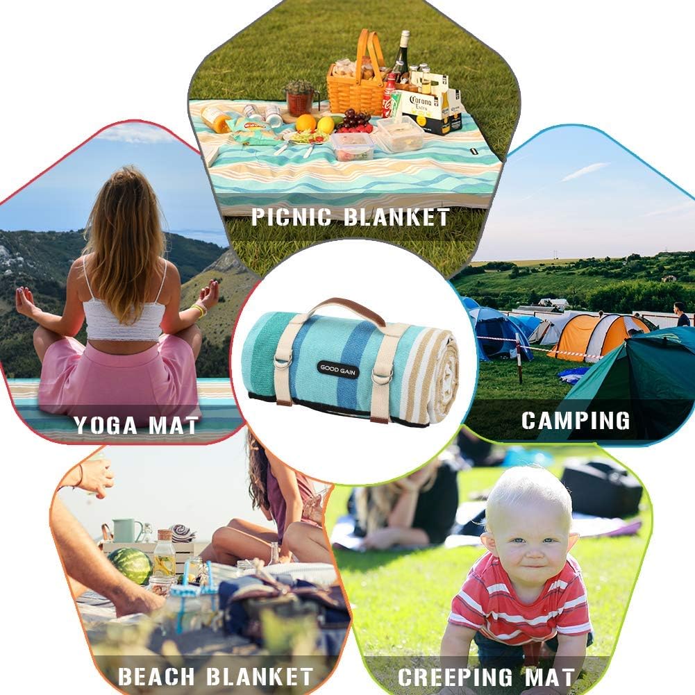 G GOOD GAIN Picnic Blanket Waterproof & Sand Proof, Beach Blanket Portable with Carry Strap, XL Large Foldable Picnic Rug Machine Washable for Outdoor Camping Party, Wet Grass, Hiking, Kids Playground. : Garden & Outdoor