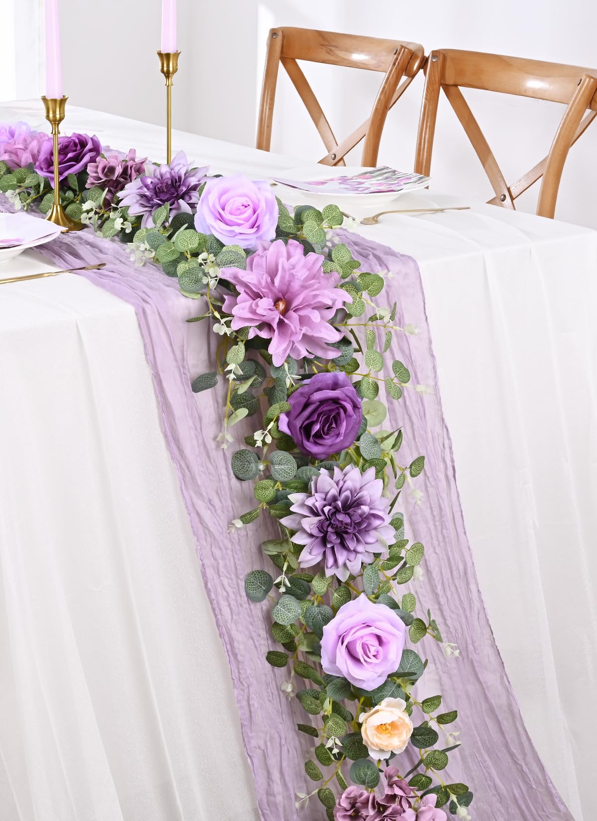 Photo 1 of Waipfaru Flower Garland, 6.07Ft Eucalyptus Garland with Flowers, Silk Rose Floral Vines for Wedding Reception Table Mantle Decor (Purple)
