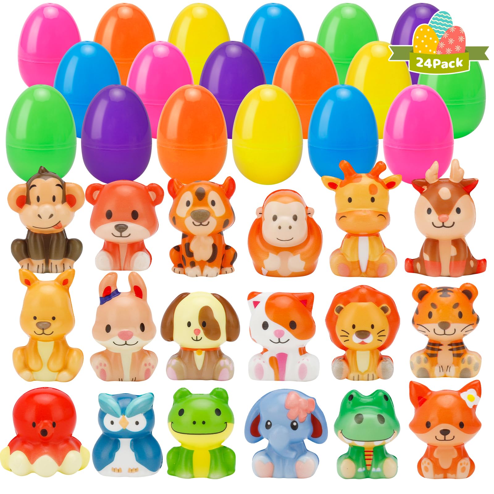 24 Pack Easter Eggs with Cute Animal Squishy Toys, Colorful Fillable Plastic Eggs for Easter Egg Hunt, Party Favors, Basket Stuffers for Kids