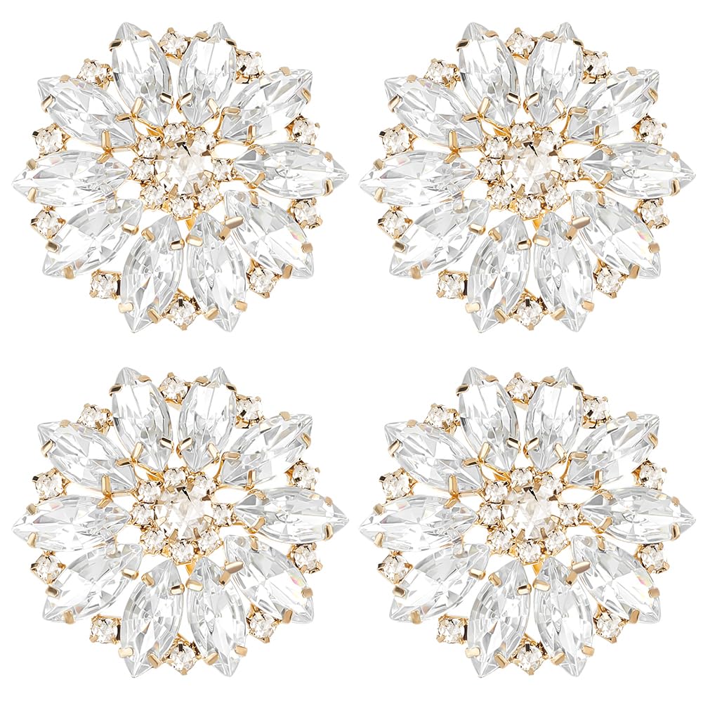 FINGERINSPIRE 4Pcs Flower Alloy Clear Rhinestone Shank Buttons 4cm Bouquet Rhinestone Buttons with 1-Hole and Light Gold Buttom Sew On Crystal Embellishments Metal Button for Craft DIY Decoration