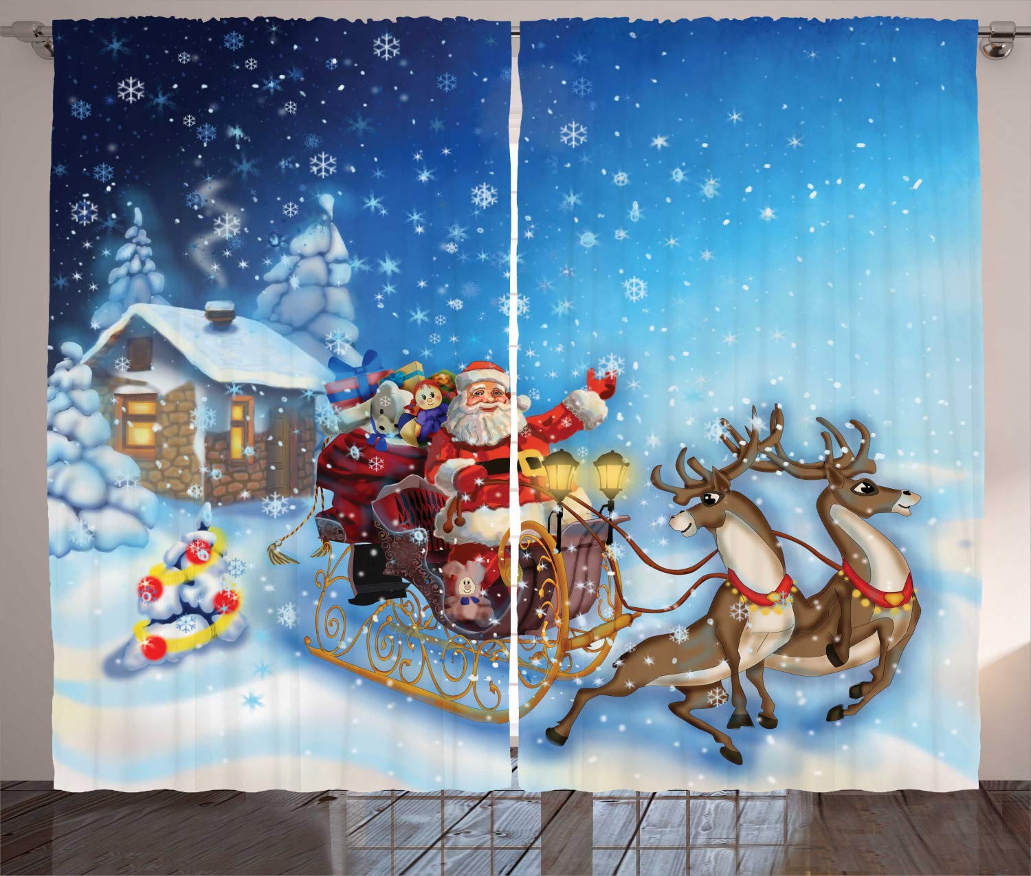 ABAKUHAUS Christmas Curtains, Santa in Sleigh Reindeer and Toys Snowy North Pole Tale Fantasy Image, Living Room Bedroom Window Drapes 2 Panel Set, 280 x 245 cm, Midnight Blue Red