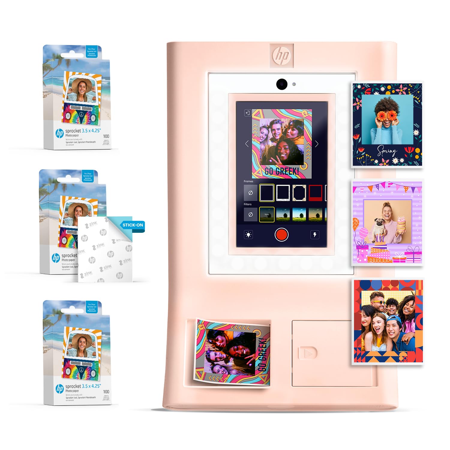 HP Sprocket Macchina per Cabina Fotografica Stampante Fotografica a Colori Istantanea Rosa Pacchetto Carta + Carta Fotografica Zink Adesiva 3,5 x 4,25” 300 Fogli