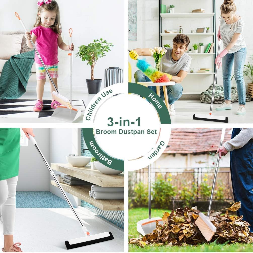 PRETTY SEE Broom and Dustpan, Broom and Dustpan Set with Floor Squeegee , Stainless Steel Long Handle and Lightweight Lobby Broom Combination, Vertical Dustpan, Very Suitable for Home: Garden & Outdoor