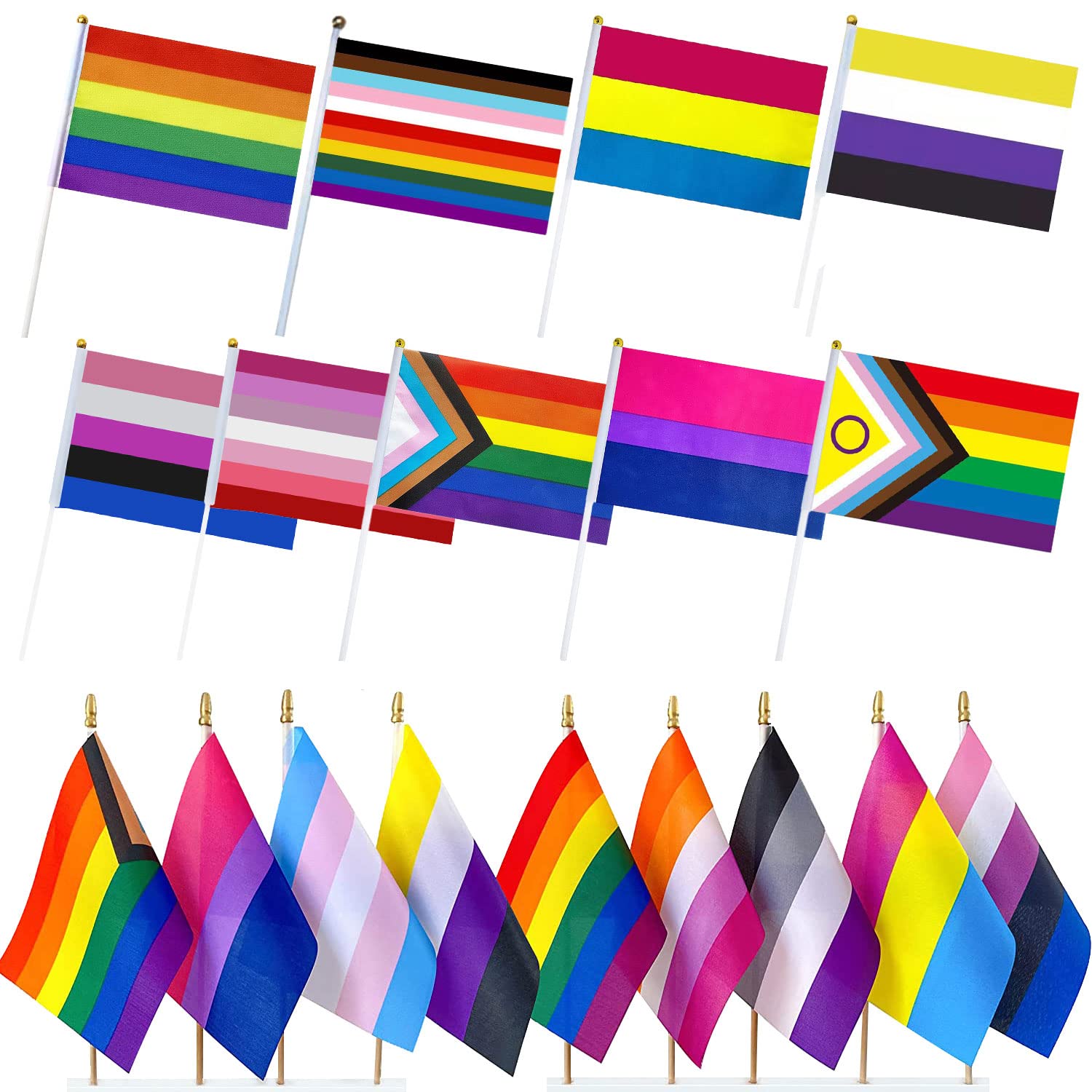 Kunoli Pride Flag Accessories 20pcs, LGBTQ Mini Gay Flags, Lesbian Trans Bisexual on Sticks, Handheld Rainbow Set for Party, Parades and Celebrations
