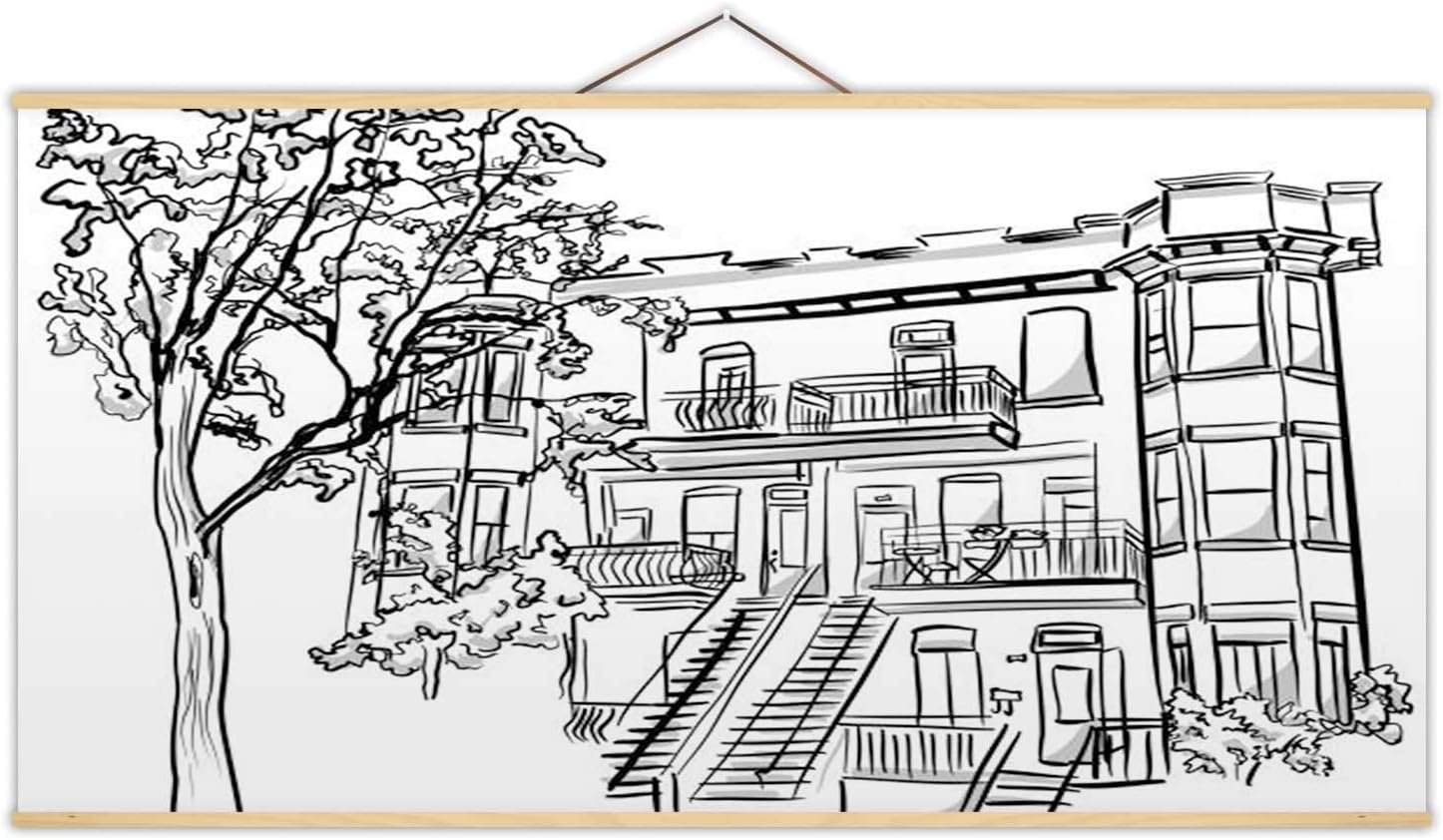 Old Style Apartment Townhouses - Illustration Apartment,P Sketch for Home Decoration 24X12In