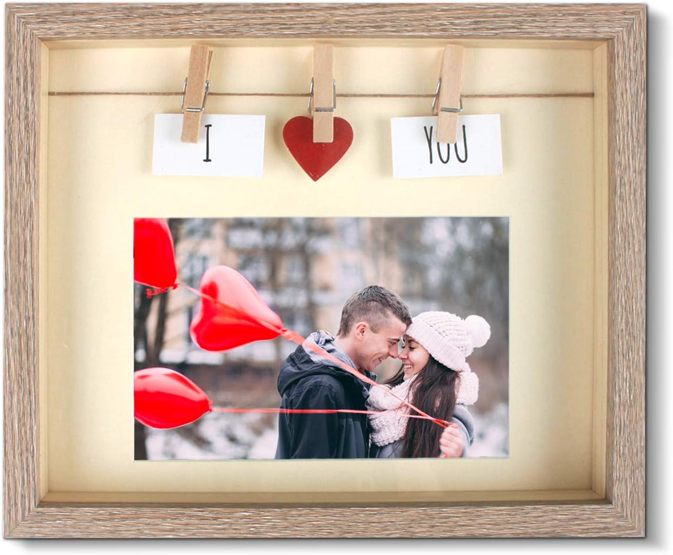 Giftmon Light Brown Decorative Horizontal Love Picture Frame With Mat Wood & Glass Pane, With Red Heart & Card & Clothes Line & Pin For Couple, Family, Friends Picture, Fun 4x6 Photo Box Frames