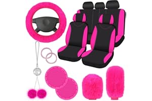 Fulmoon 17 Pcs Car Seat Cover Full Set for Women Fluffy Fuzzy Car Accessories Christmas Front Rear Steering Wheel Fleece Handbrake Shift Covers Hanging Accessory Holder Ring Emblem(Rose Red Black)