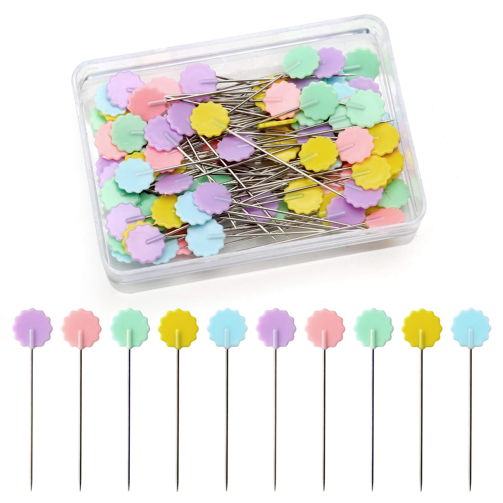 Sewing Pins,100 Pcs Flat Head Quilting Pins of Flower/Button Shape with a Storage Box Assorted Colors Patchwork Accessories Dressmaking Pins for Dressmaker Crafts