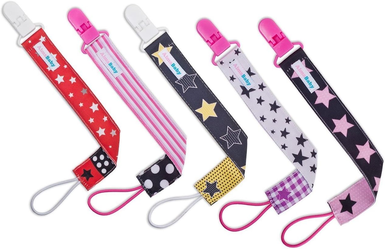 AlmaBaby Universal Safety Pacifier Clip Holders, Unisex - Stars 5 Pack - First Year Gumdrop Clip.