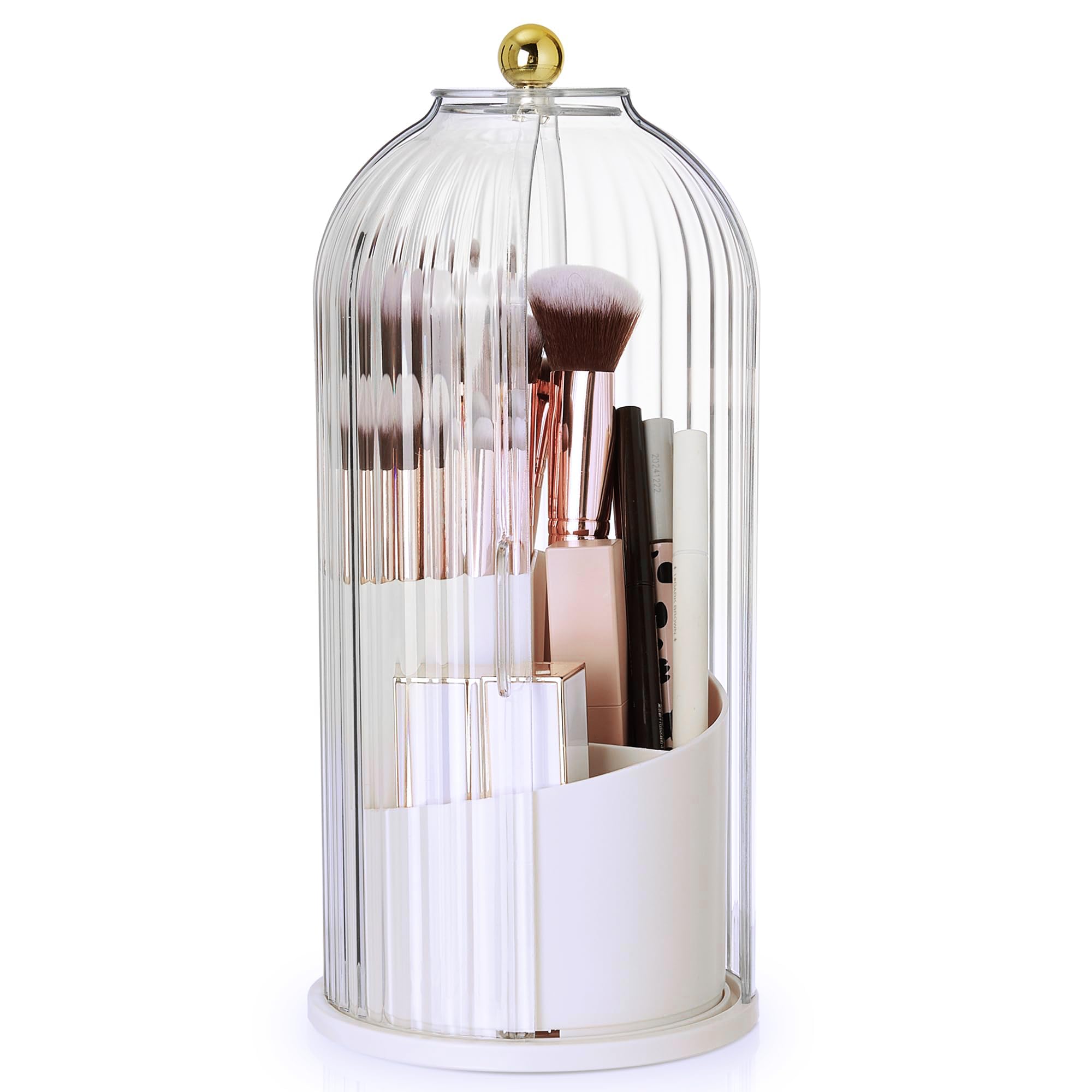STORICANS Makeup Brush Holder Rotating Organiser with Clear Lid，Sliding Opening Dustproof Makeup Brush Case Make up Organizer Storage for Dressing Table Organiser,Vanity,White