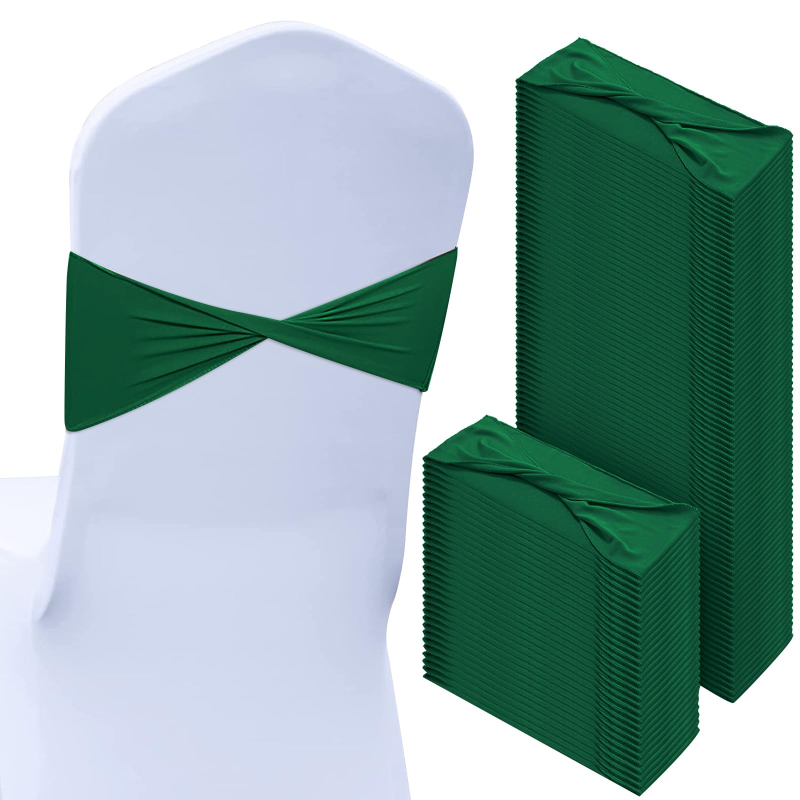 Photo 1 of Kinlop 150 Pcs Spandex Chair Sashes Bows Stretch Chair Cover Bands Elastic Ties Bands Slider Sashes Without Buckle Decorations for Wedding Party Events Ceremony Birthday (Dark Green)