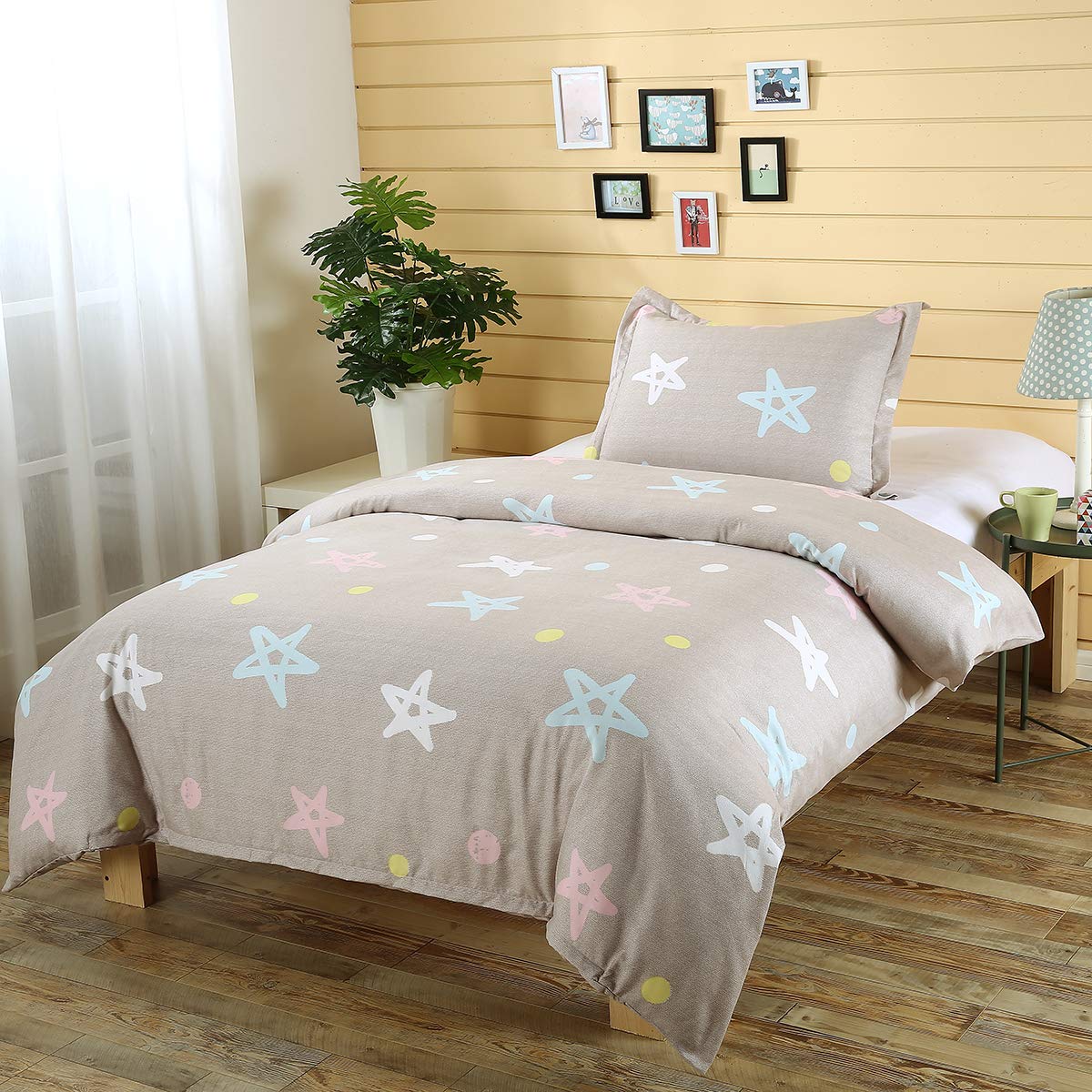 Lanqinglv Girls Single Duvet Cover Set Kids Stars Colorful Grey Bedding Set With Zip Closure, Quilt Cover 135x200cm and 1 Pillowcase Set