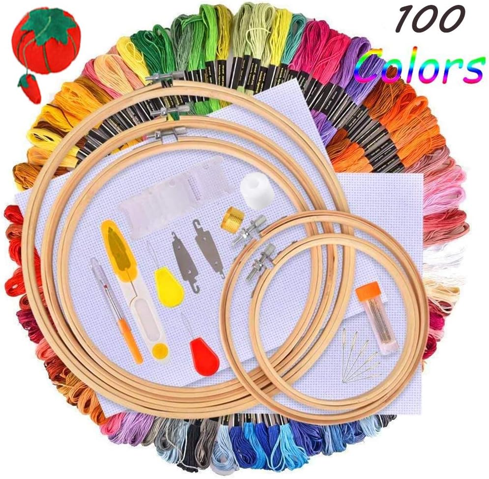 Hand Embroidery Kit with Instructions,100 Colors Threads,5 Pcs Embroidery Hoops,3 Pcs Aida Cloth,30 Sewing Pins,Embroidery Hoops and Cross Stitch Tools for Adults and Kids Beginners