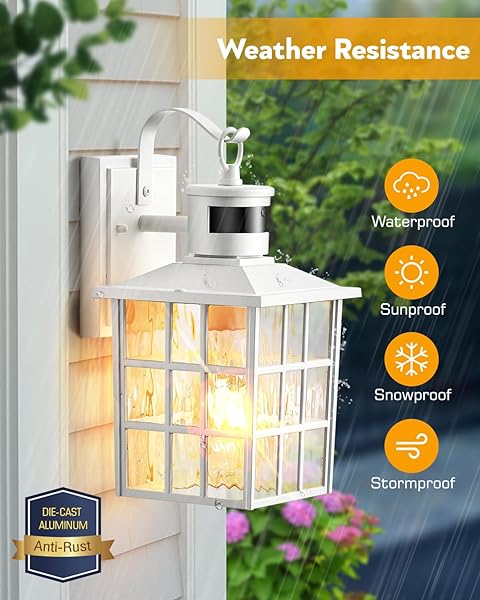 VIANIS WHITE MOTION SENSOR EXTERIOR WALL LANTERN, 2 PACK DUSK TO DAWN OUTDOOR LIGHT FIXTURE WALL MOUNT, ANTI-RUST MODERN OUTDOOR WALL SCONCE LIGHTING FOR HOUSE FRONT PORCH GARAGE WITH TEMPERED GLASS