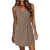 Wenrine Womens Sundresses Summer Mini Dress Casual Sleeveless Elastic Waist Beach Vacation Tank Dresses with Pockets