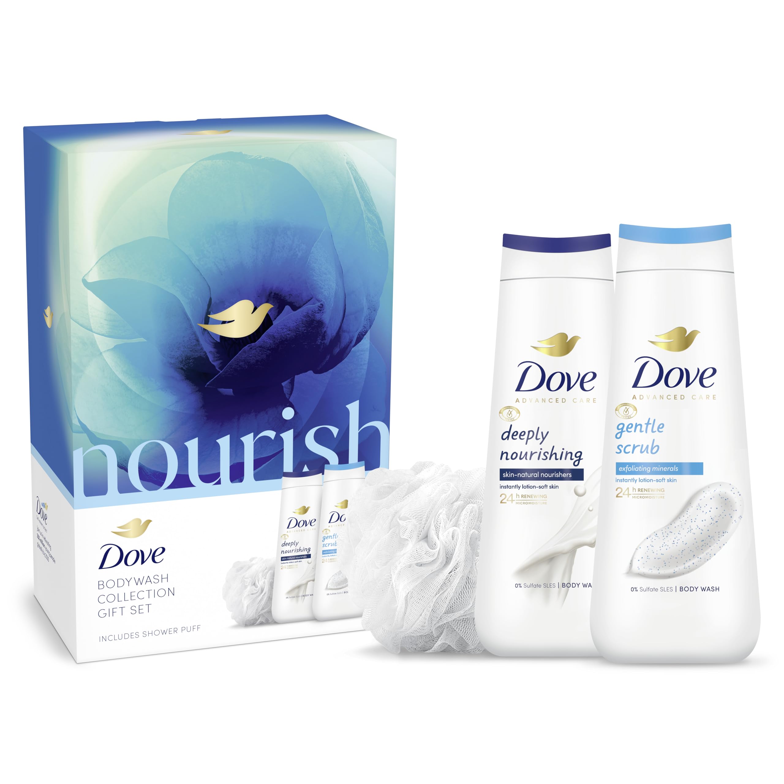 Dove Nourish Body Wash Shower Gel Collection with a luxury shower puff Gift Set skin care gifts for her 2 piece