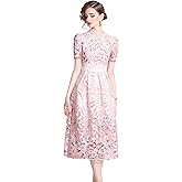 LAI MENG FIVE CATS Women's Lace Floral Short Sleeve Crochet Waist Cocktail Midi Dress