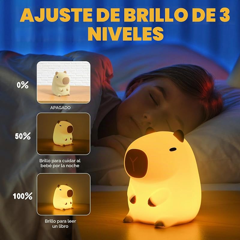 Candeeiro de capibara, candeeiro noturno de capybara fofo para crianças, lâmpadas portáteis USB recarregáveis de 1200mAh para capibara, luz noturna de silicone para crianças com temporizador ajustável — foto 5 de 8