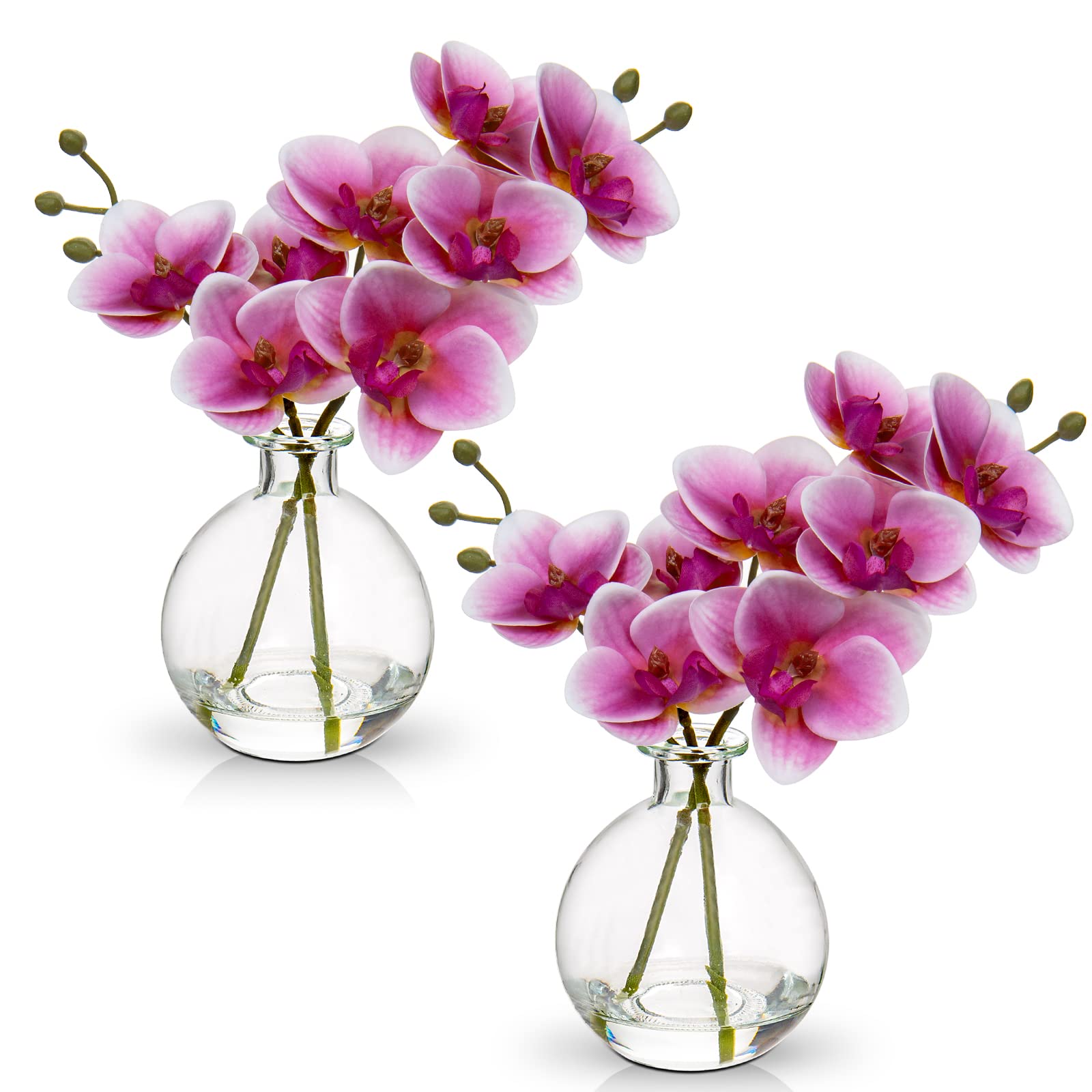 Photo 1 of Pink Orchids Artificial Flowers Faux Orchid Arrangement with Clear Glass Vase Set of 2 Real Touch Phalaenopsis Orchid Flowers Orchid Centerpiece for Dining Room Table