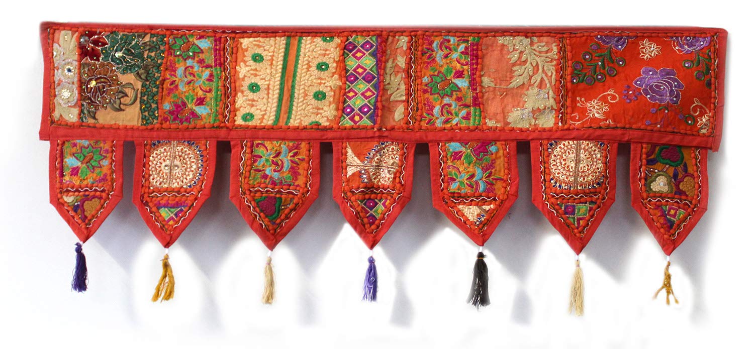 Indian Handmade Traditional Embroidered Toran Cotton Thoranam Door Living Room Decor Bandanwar Home Valance Decorations Window Hanging Bohemian Wall Ethnic Decorative Vintage (Orange, 1 mtr)
