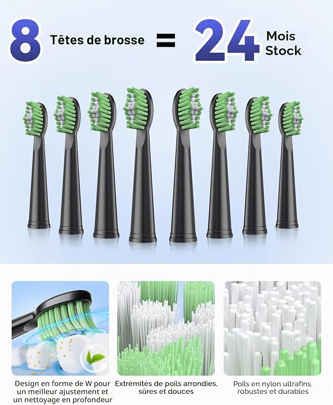 Brosse À Dents Électrique Sonique Pour Adulte – 5 Modes, 45 Jours D’autonomie, 8 Têtes De Brosse, Étanche Ipx7, Minuterie Intelligente, Adaptée Aux Voyages – Brosses À Dents Complet (Noir)