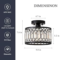Pevfah Crystal Black Ceiling Light, Modern Semi