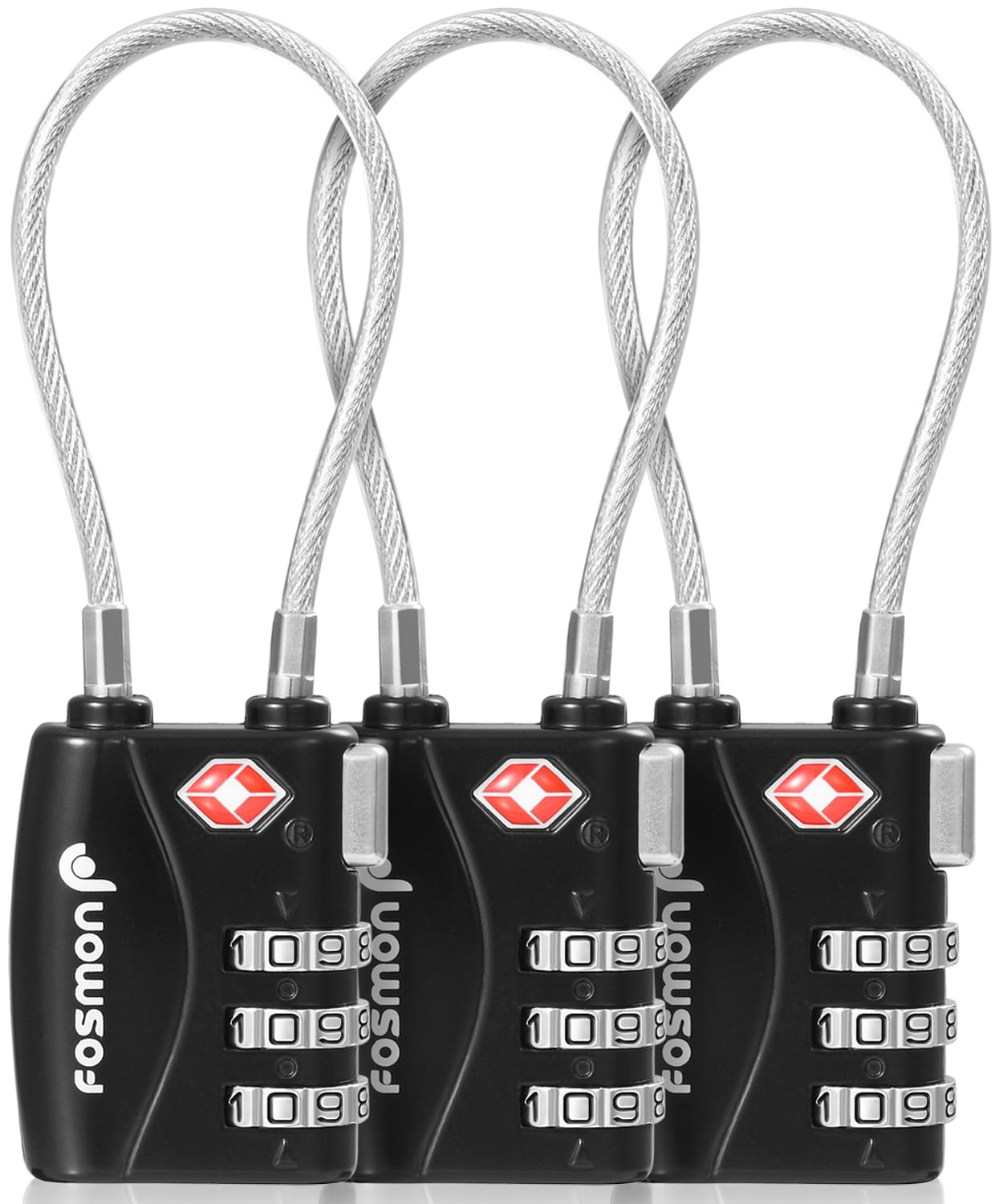 Fosmon TSA 3 Digit Combination Cable Padlock: Suitcase, Travel Backpack, Locker - Secure All Luggage, Bike, Gate, Shed - Black - Pack of 3