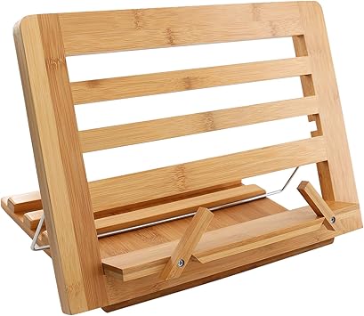 Amazon Com Bamboo Cook Book Stand Adjustable Reading Book Recipe Holder Tray With Page Paper Clips Foldable Station For Tablets Cell Phones Laptop Stands Pezin Hulin Home Kitchen