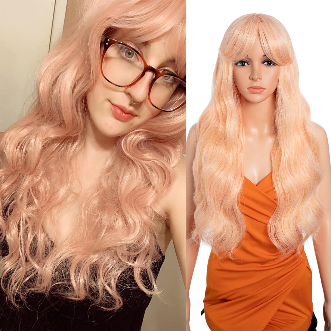 26 Inch Long Wavy Wigs for Women Black Wig with Bangs Ombre Brown Wig with Dark Roots Long Layered Wig Heat Resistant Synthetic Wig Natural Looking Wigs for Daily Party Use(TFC22) — image 1