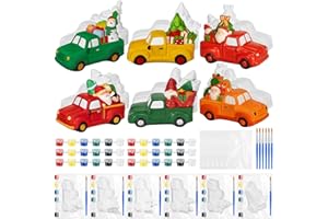 JellyArch 6 Set Christmas DIY Painting Kit Ceramic 3D Ceramic Truck to Paint Your Own Truck with Snowman Reindeer Claus Statues Unpainted Plaster Craft with Brush Paint Bag for Adult